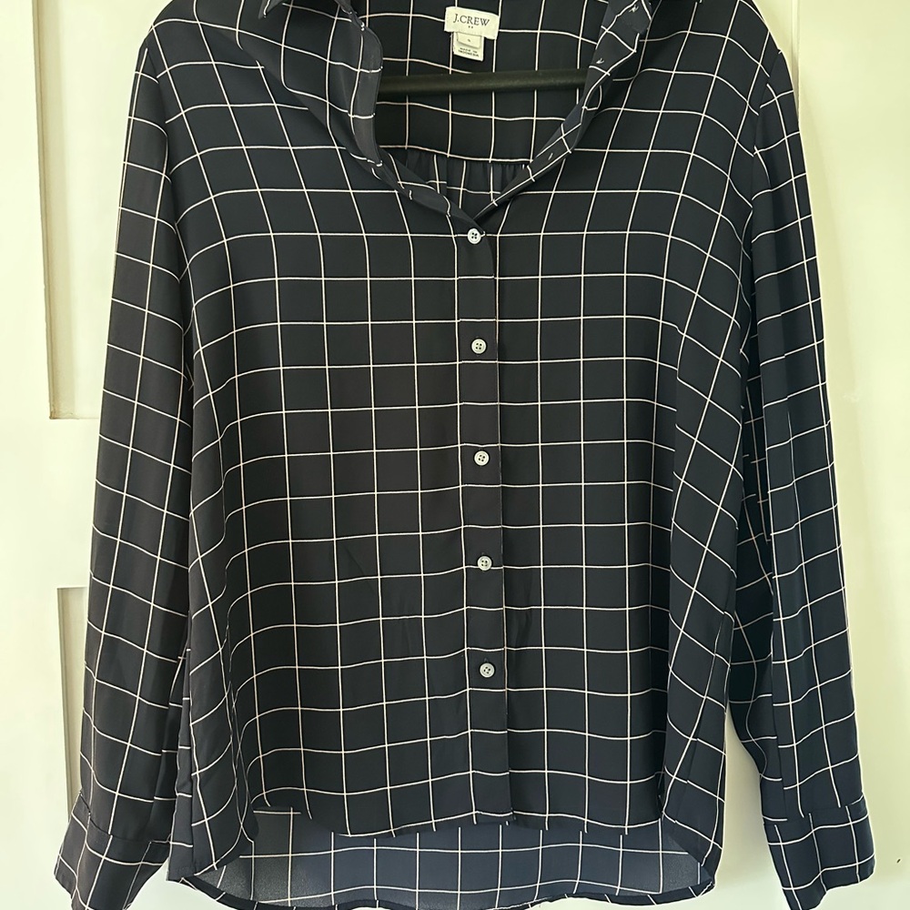 J. Crew Women's Navy and Pink Checkered Top